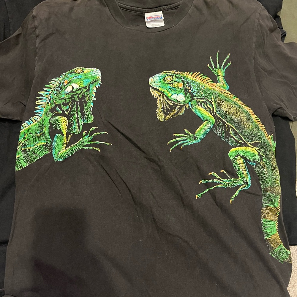 Hanes Black T-Shirt with Green Iguana Design